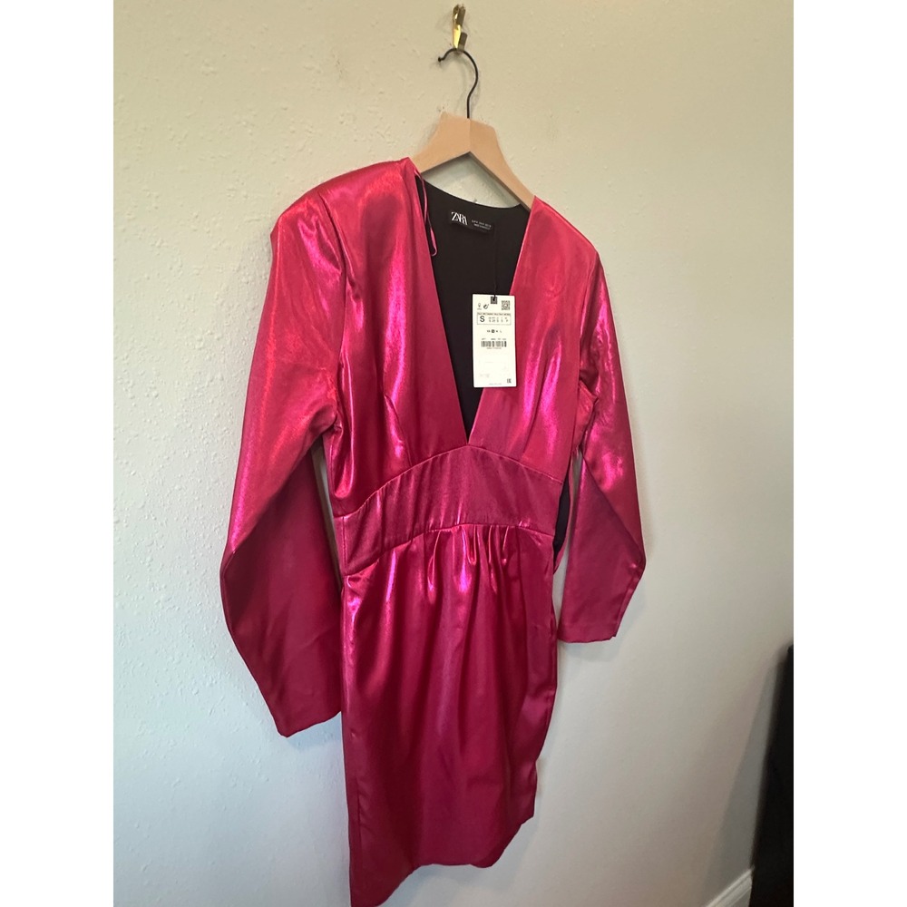 Zara Metallic Mini Dress Womens Small Pink V-Neck Long Sleeve Party Glam (Flaw) - Picture 12 of 16